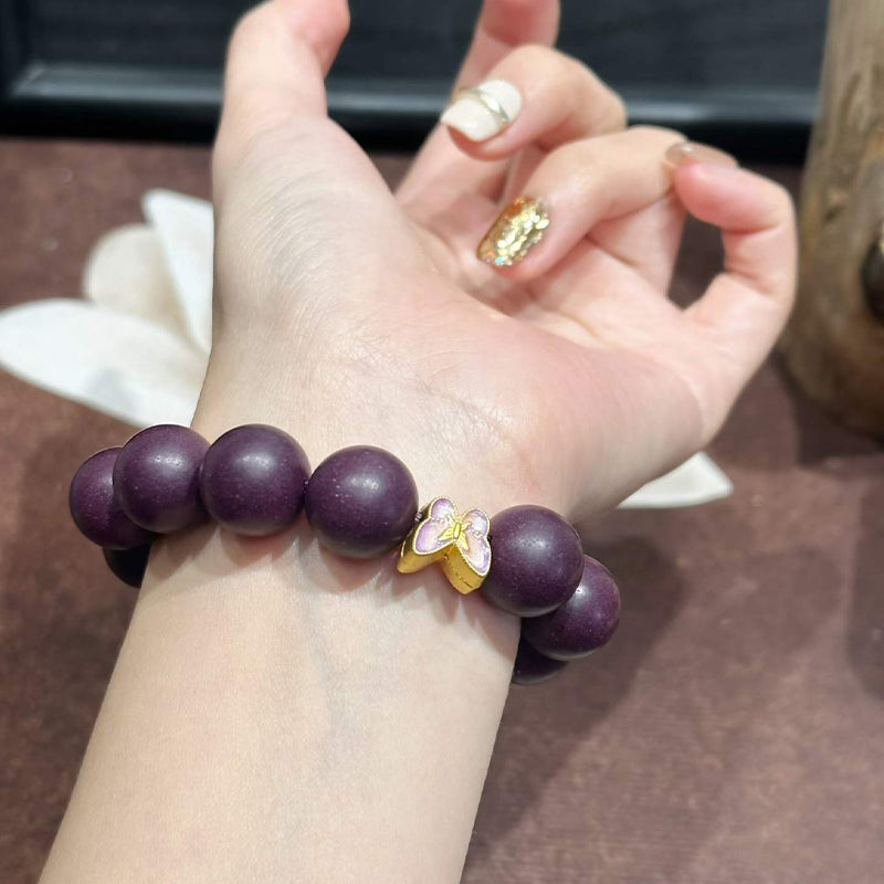 Violet DreamR-B08 丨Handmade Spine Date Seed Botanical Incense Bead Bracelet with Enamel Butterfly Accents