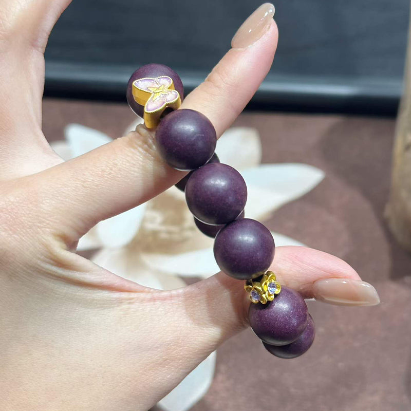 Violet DreamR-B08 丨Handmade Spine Date Seed Botanical Incense Bead Bracelet with Enamel Butterfly Accents