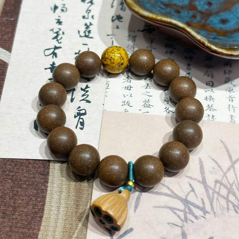 Xi Ji Ancient Scent R-B09丨Handmade Ancient Xi Ji Formula Woody Incense Bead Bracelet with Lacquer Beads & Peach Wood Lotus Pendant