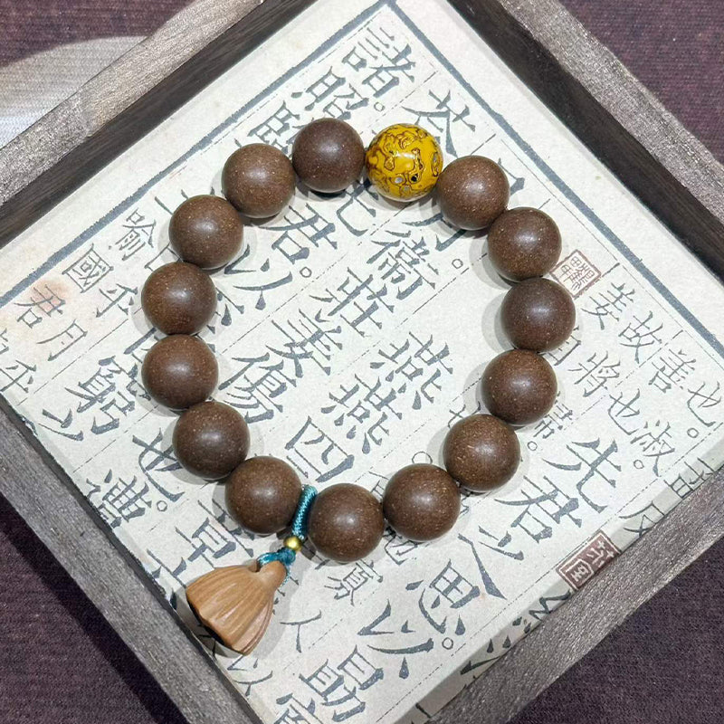 Xi Ji Ancient Scent R-B09丨Handmade Ancient Xi Ji Formula Woody Incense Bead Bracelet with Lacquer Beads & Peach Wood Lotus Pendant