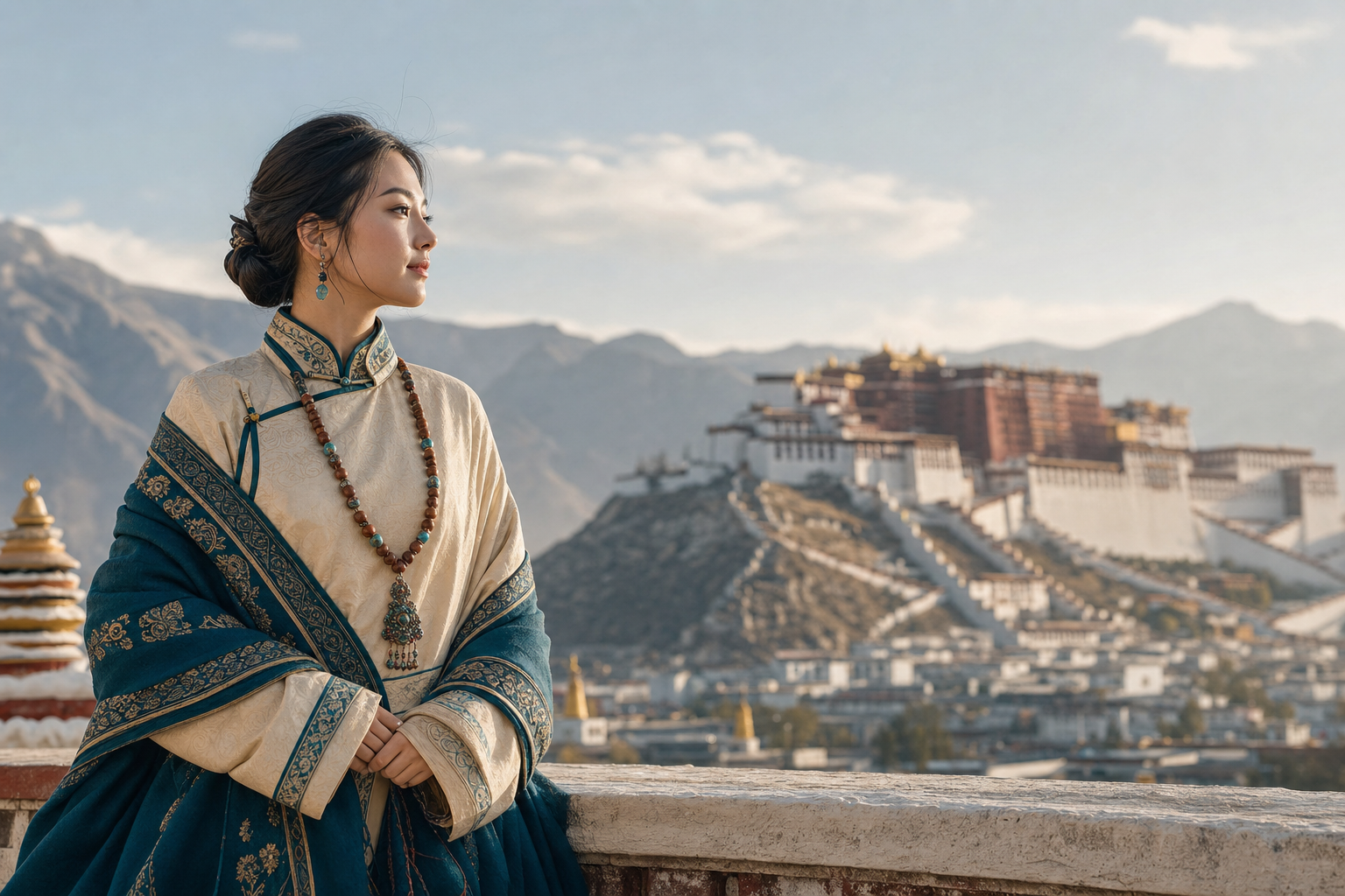 AI-generated placeholder portrait for 12 Flow Healing founder story, Tibetan-inspired clothing facing Potala Palace