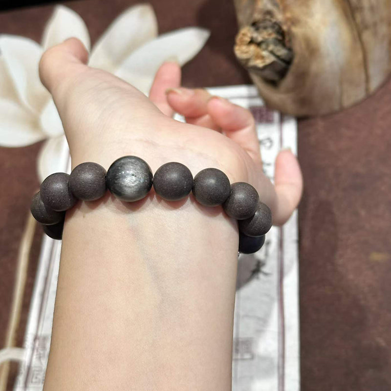 Stellar Bloom R-B15丨Handcrafted Rose Hibiscus Botanical Incense Bead Bracelet with Silver Obsidian & Clear Crystal Accents