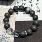 Stellar Bloom R-B15丨Handcrafted Rose Hibiscus Botanical Incense Bead Bracelet with Silver Obsidian & Clear Crystal Accents