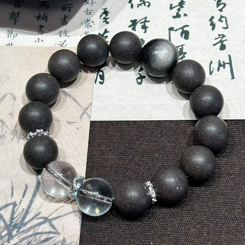 Stellar Bloom R-B15丨Handcrafted Rose Hibiscus Botanical Incense Bead Bracelet with Silver Obsidian & Clear Crystal Accents