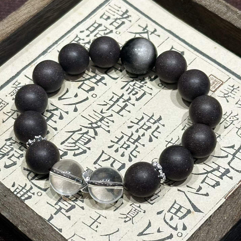 Stellar Bloom R-B15丨Handcrafted Rose Hibiscus Botanical Incense Bead Bracelet with Silver Obsidian & Clear Crystal Accents