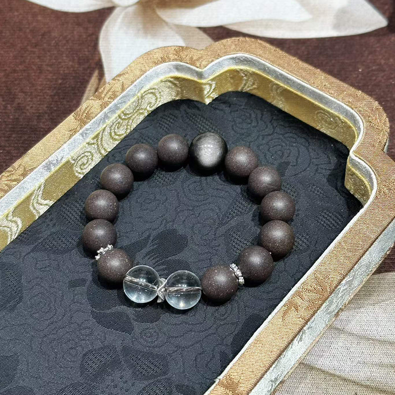 Stellar Bloom R-B15丨Handcrafted Rose Hibiscus Botanical Incense Bead Bracelet with Silver Obsidian & Clear Crystal Accents