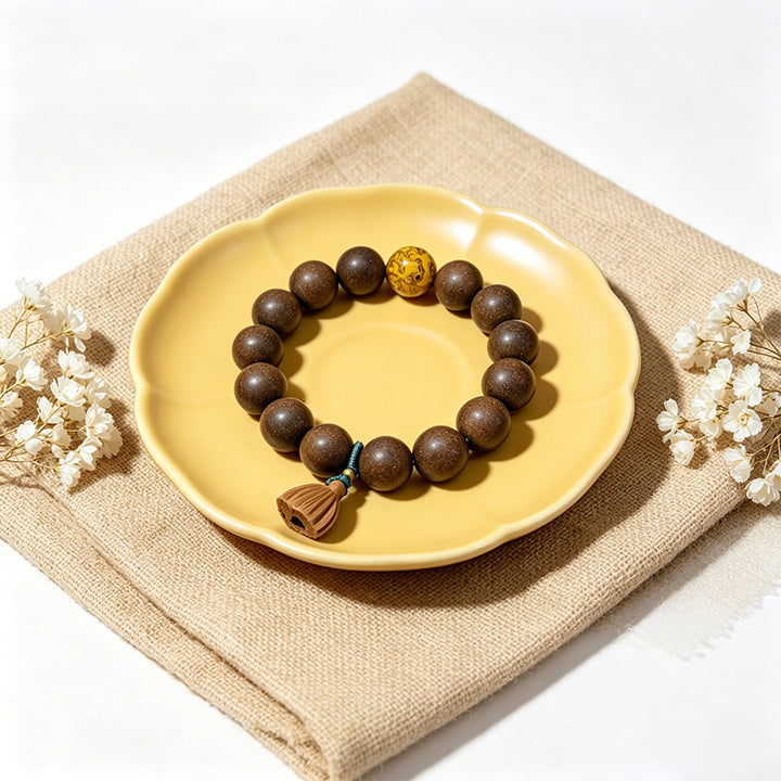 Xi Ji Ancient Scent R-B09丨Handmade Ancient Xi Ji Formula Woody Incense Bead Bracelet with Lacquer Beads & Peach Wood Lotus Pendant