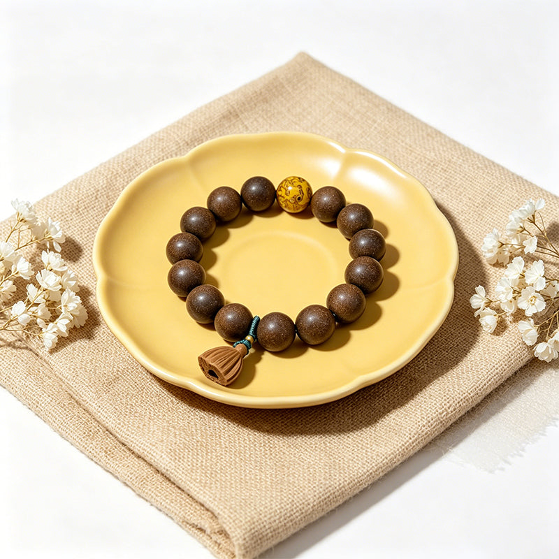 Xi Ji Ancient Scent R-B09丨Handmade Ancient Xi Ji Formula Woody Incense Bead Bracelet with Lacquer Beads & Peach Wood Lotus Pendant