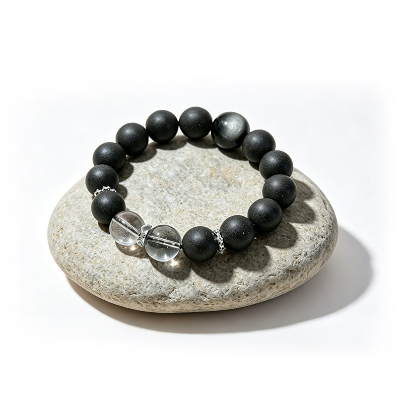Stellar Bloom R-B15丨Handcrafted Rose Hibiscus Botanical Incense Bead Bracelet with Silver Obsidian & Clear Crystal Accents