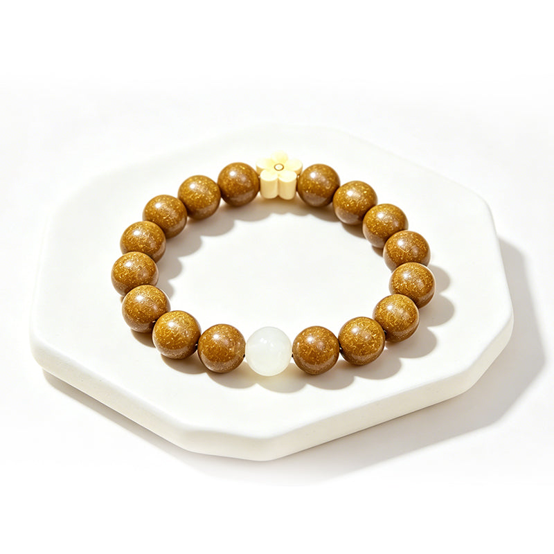 Moonlight Garden R-B22 丨Handmade Gardenia Incense Bead Bracelet with Pale Yellow Chalcedony & Boxwood Plum