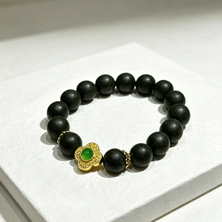 Pine Wood Whisper R-B44丨 Pine Wood Whisper Ancient Forest Blended Plant Aroma Wrist Beads with Gold Inlaid Green Jade Clover Accents