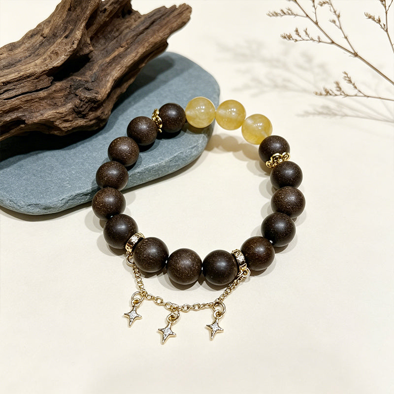 Han Palace Skin Scent R-B49 丨Dark Brown Plant Aroma Wrist Beads with Clear Yellow Crystal & Star Metal Charms