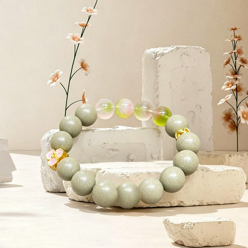 Cozy R-B57 丨Warm Herb Incense Bead Bracelet Bean Green Beads Rose Quartz Gold Decor Blended Cinnamon & Mugwort Botanicals