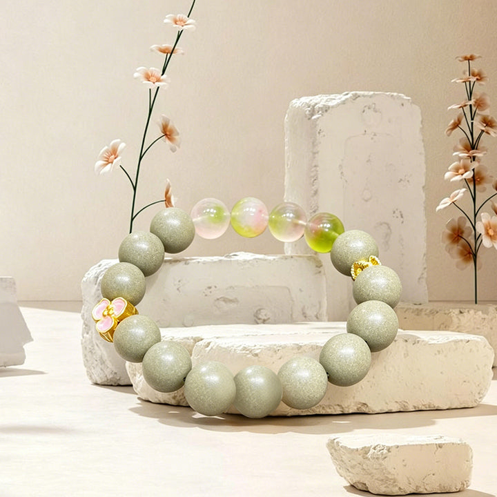 Cozy R-B57 丨Warm Herb Incense Bead Bracelet Bean Green Beads Rose Quartz Gold Decor Blended Cinnamon & Mugwort Botanicals