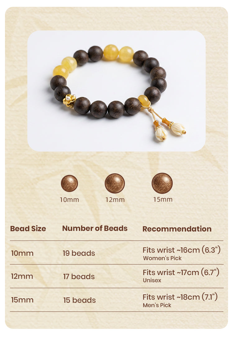 Yunxiu Qinglan · Aura of Fortune-R-B04 丨Handmade Sandalwood Botanical Fragrance Wristband with Amber Jade & Magnolia Decor