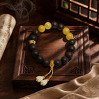 Yunxiu Qinglan · Aura of Fortune-R-B04 丨Handmade Sandalwood Botanical Fragrance Wristband with Amber Jade & Magnolia Decor