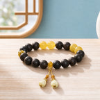 Yunxiu Qinglan · Aura of Fortune-R-B04 丨Handmade Sandalwood Botanical Fragrance Wristband with Amber Jade & Magnolia Decor