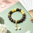 Yunxiu Qinglan · Aura of Fortune-R-B04 丨Handmade Sandalwood Botanical Fragrance Wristband with Amber Jade & Magnolia Decor