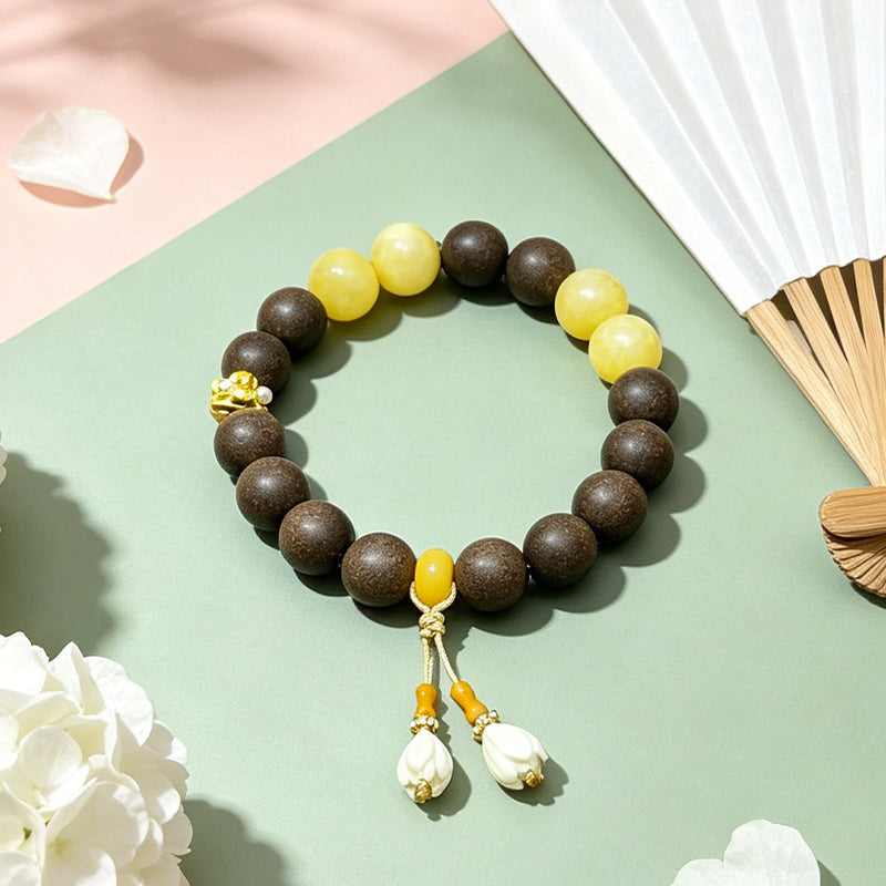 Yunxiu Qinglan · Aura of Fortune-R-B04 丨Handmade Sandalwood Botanical Fragrance Wristband with Amber Jade & Magnolia Decor
