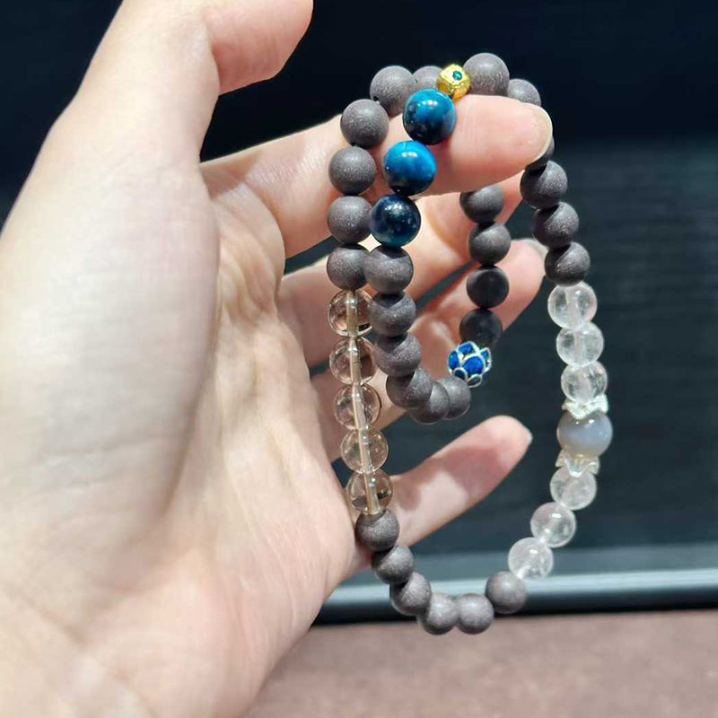 Hibiscus Iris R-B34丨Artisan Botanical Bead Wrap Bracelet Featuring White Crystal & Blue Tiger's Eye