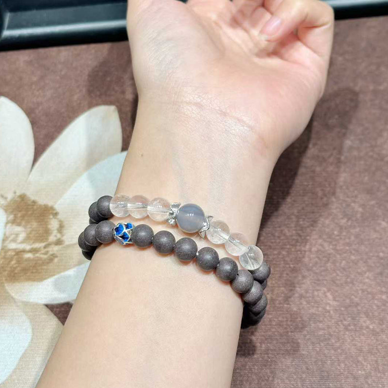 Hibiscus Iris R-B34丨Artisan Botanical Bead Wrap Bracelet Featuring White Crystal & Blue Tiger's Eye