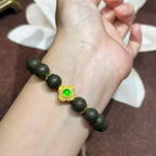 Pine Wood Whisper R-B44丨 Pine Wood Whisper Ancient Forest Blended Plant Aroma Wrist Beads with Gold Inlaid Green Jade Clover Accents