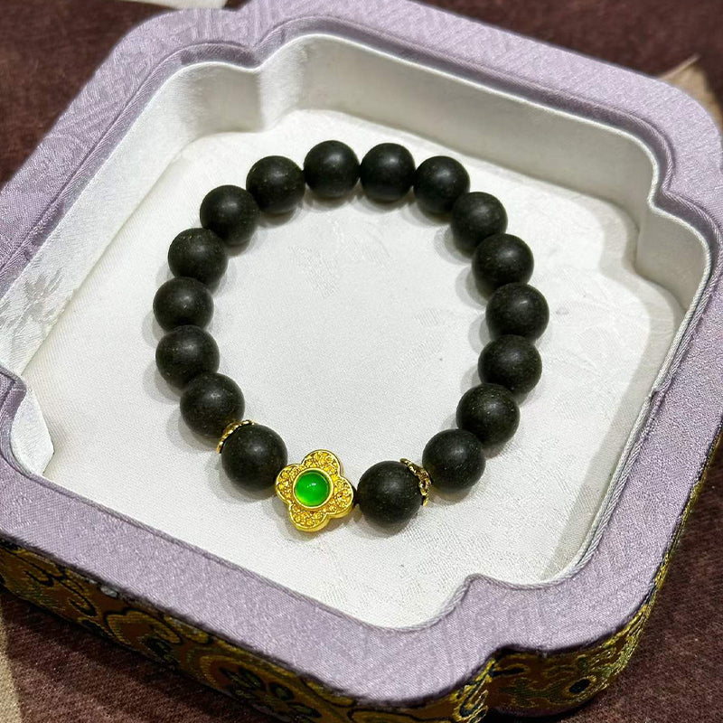 Pine Wood Whisper R-B44丨 Pine Wood Whisper Ancient Forest Blended Plant Aroma Wrist Beads with Gold Inlaid Green Jade Clover Accents