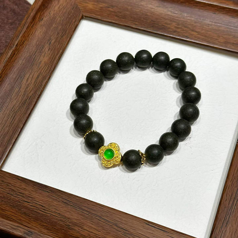 Pine Wood Whisper R-B44丨 Pine Wood Whisper Ancient Forest Blended Plant Aroma Wrist Beads with Gold Inlaid Green Jade Clover Accents