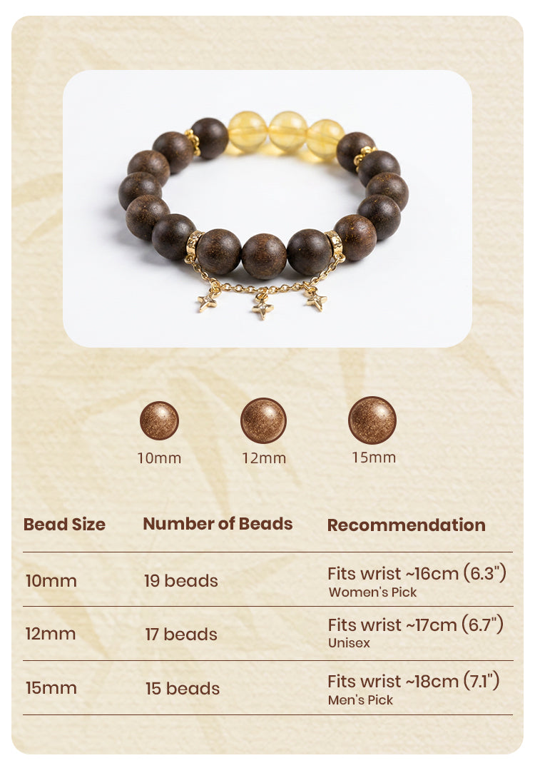 Han Palace Skin Scent R-B49 丨Dark Brown Plant Aroma Wrist Beads with Clear Yellow Crystal & Star Metal Charms