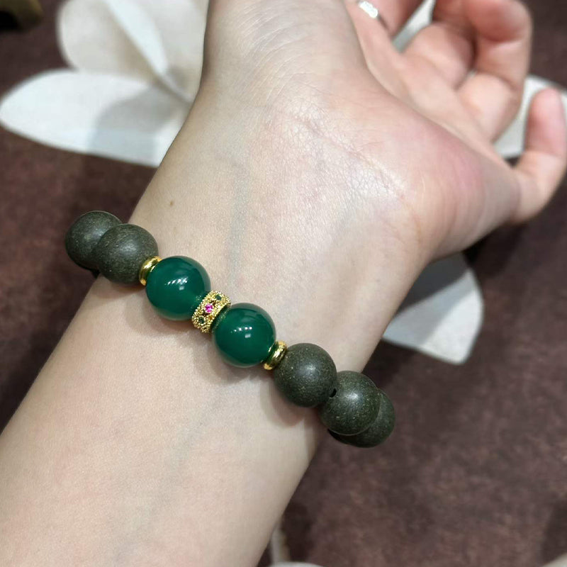 Mountain Wood R-B50丨Fresh Pine Cypress Woody Scent Herb Herbal Botanical Incense Bead Bracelet Matte Dark Beads Green Jade Gilded Decor