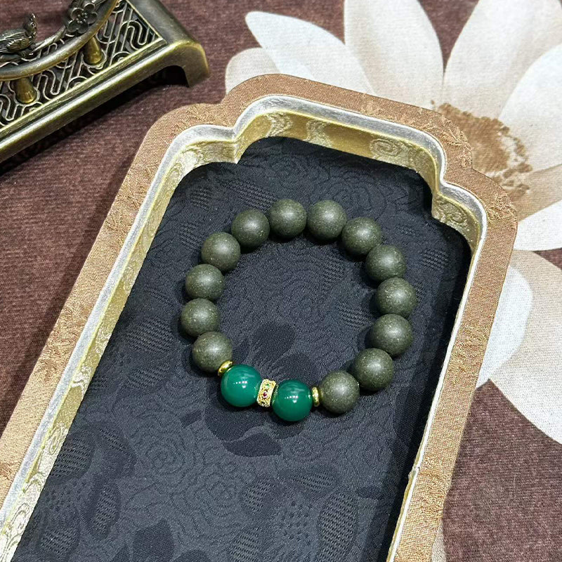 Mountain Wood R-B50丨Fresh Pine Cypress Woody Scent Herb Herbal Botanical Incense Bead Bracelet Matte Dark Beads Green Jade Gilded Decor