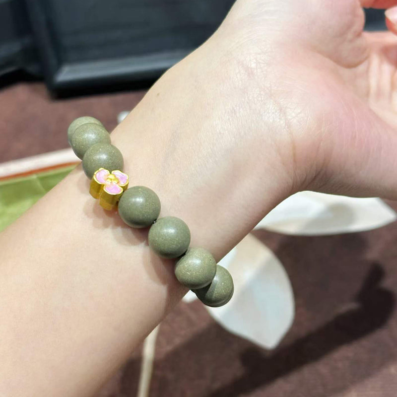 Cozy R-B57 丨Warm Herb Incense Bead Bracelet Bean Green Beads Rose Quartz Gold Decor Blended Cinnamon & Mugwort Botanicals