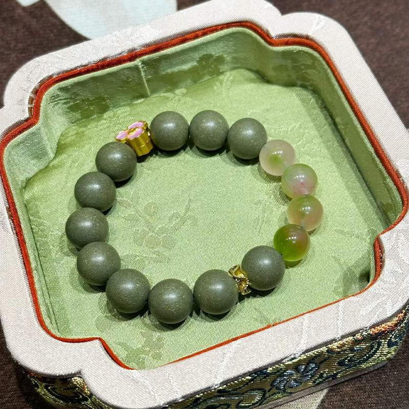 Cozy R-B57 丨Warm Herb Incense Bead Bracelet Bean Green Beads Rose Quartz Gold Decor Blended Cinnamon & Mugwort Botanicals