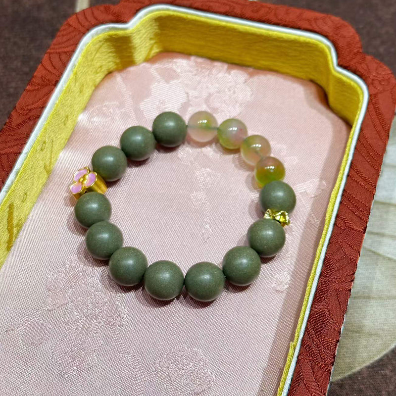 Cozy R-B57 丨Warm Herb Incense Bead Bracelet Bean Green Beads Rose Quartz Gold Decor Blended Cinnamon & Mugwort Botanicals