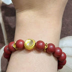 Handcrafted Reconstructed Cinnabar Scented Wrist Strand R-B60 Mild Botanical Aroma with Gilded Rotating Spacer Bead