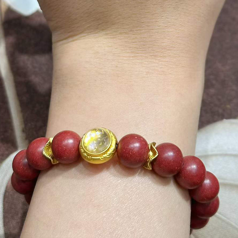 Handcrafted Reconstructed Cinnabar Scented Wrist Strand R-B60 Mild Botanical Aroma with Gilded Rotating Spacer Bead