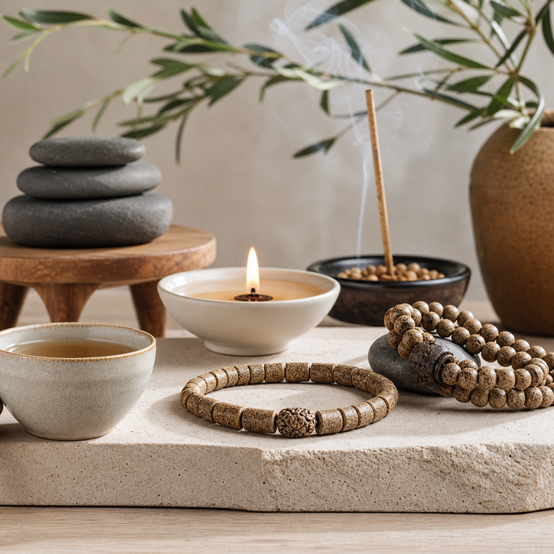 Zen space clearing ritual with incense beads, tea, candle, and soft smoke