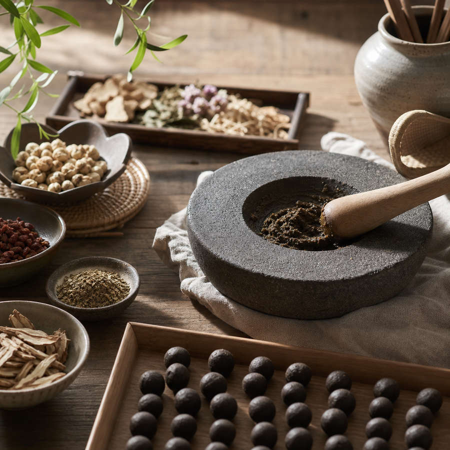 Botanical powders and herbs prepared for Chinese incense beads
