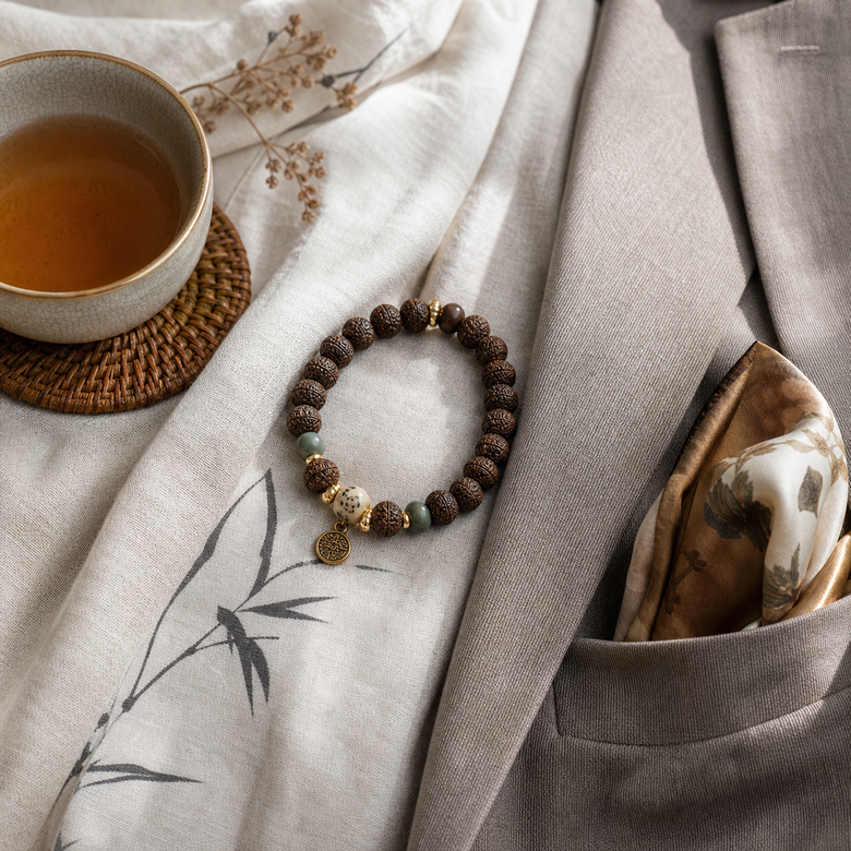 Chinese herbal incense bead bracelet styled with tea robe fabric and a tailored blazer