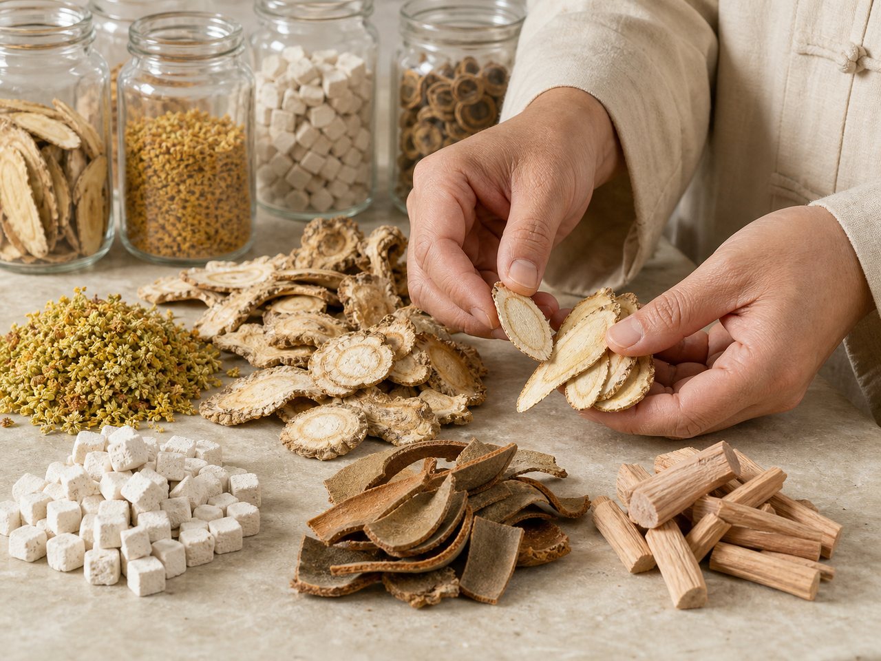 Artisan selecting whole natural Chinese herbs before grinding
